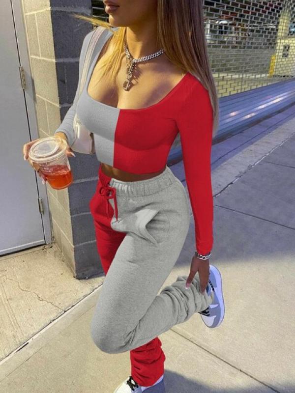 LW Drawstring Stacked Pants Set long sleeve top Sports Fitness gym Drawstring with Pocket Streetwear Pants set