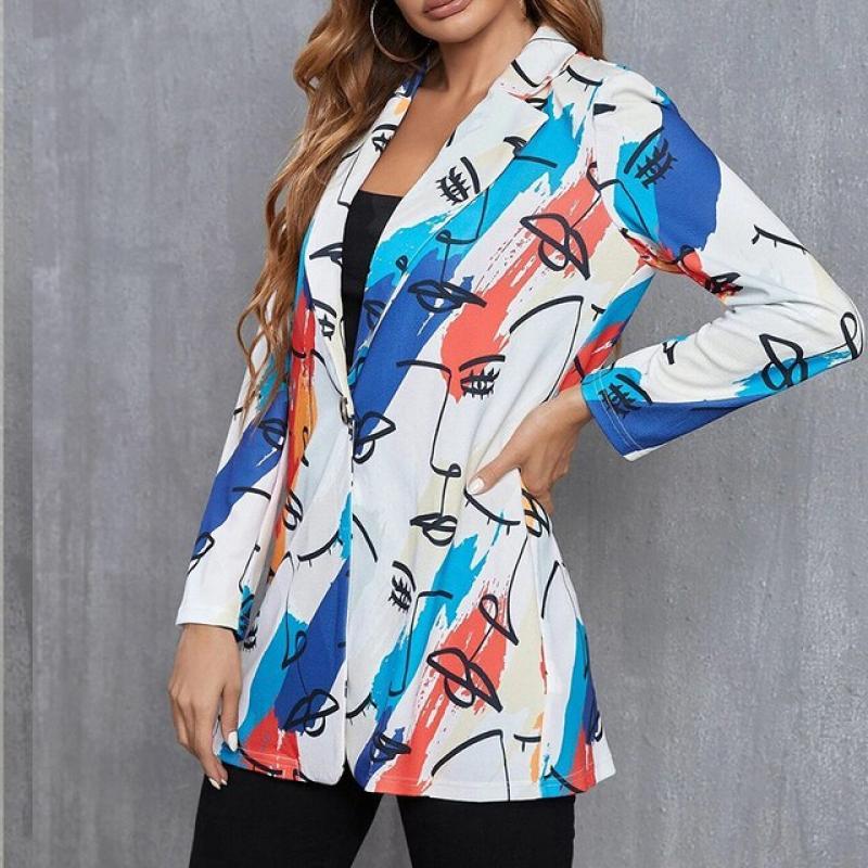 Funny Cartoon Print Loose Blazer Women Jacket Casual Autumn Plus Size Clothing for Women Elegant Office Lady French Women Coat