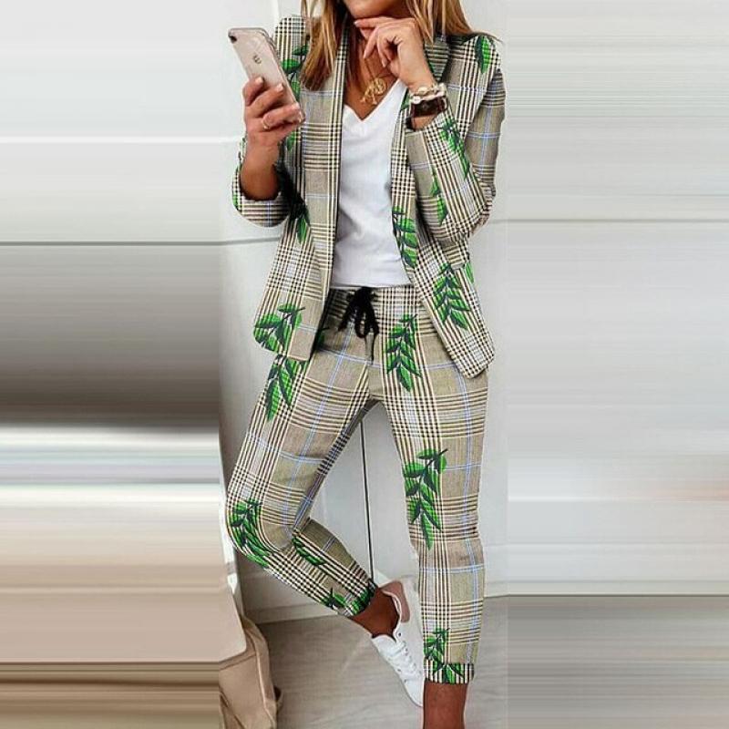 Women Office Jacket Top And Pants Print Suit Casual Office Female Pants Two Piece Set Elegant Slim Fit Long Pants Matching Suit