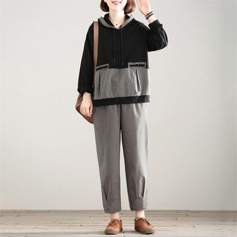 Korean Plaid Patchwork For 95KG Casual Sets Spring Loose Hooded Sweatshirt Outfits Straight Capris Pants Oversize 5xl Tracksuit