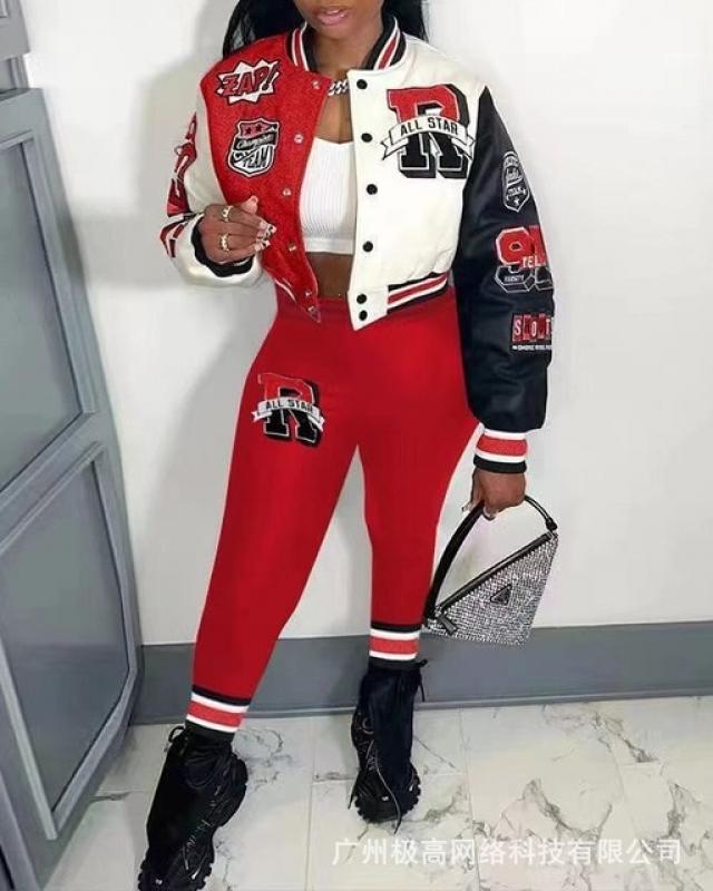 Colorblock Graphic Print Baseball Jacket & Pants Set Women 2pcs Clothes Suit Spring Summer Long Sleeve Jacket High Waist Pants