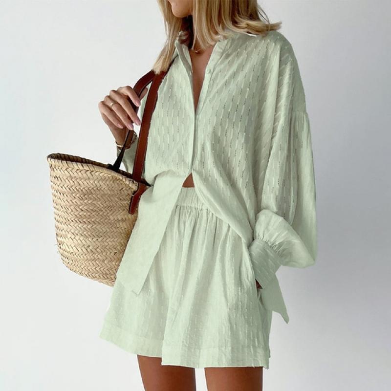 Women Two Piece Outfits 2023 Summer Fashion Jacquard Loose Shorts with Long Sleeved Shirt Two Piece Sets for Women Short Sets