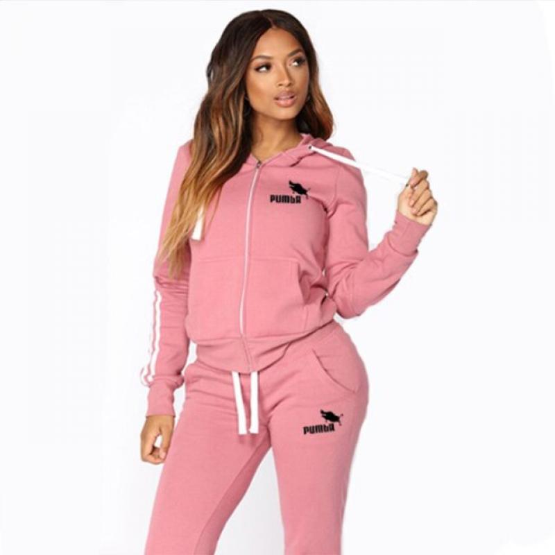 2020 Autumn Women's Sportswear 2pcs Women's Hooded Long Sleeve Zip Tracksuits Long Pants Trousers Loose Top Casual Clothes Set