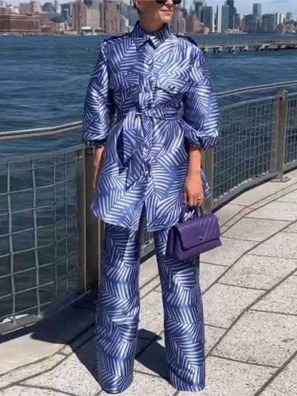 Leaf Print Blazer 2 piece Set Women Elegant Lapel Single-breasted Long Sleeve Suit Female Stripe Wide Leg Pants Suits