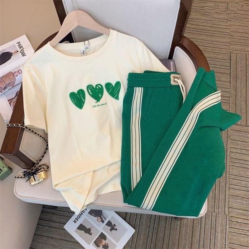 Casual Fashion Set Women's Summer 2023 New Temperament Short-Sleeved T-shirt Sports Wide-Leg Pants Two-Piece Set Sweatshirts