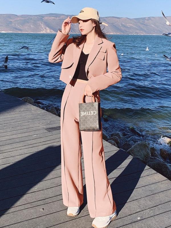 Pink Short Style Small Suit Set Women's Spring and Autumn Korean Version Temperament Westernized Suit Wide Leg Pants Two PiecSet