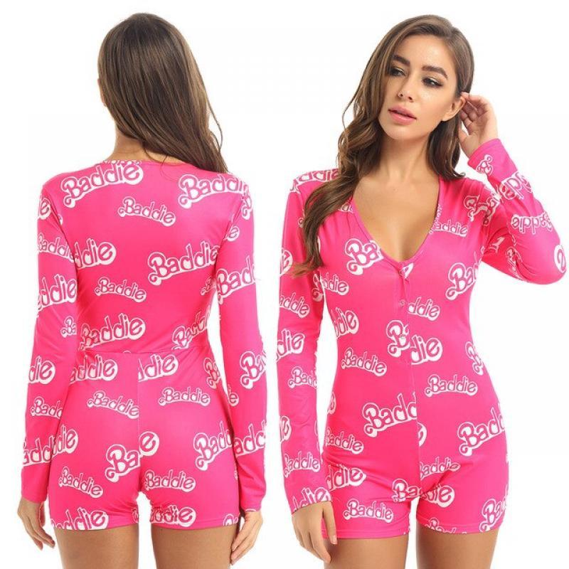 Women Yes Daddy Letter Leopard Printed Sleepwear Jumpsuit Long Sleeves Leotard Bodysuit Bodycon Short Rompers Pajamas Overalls