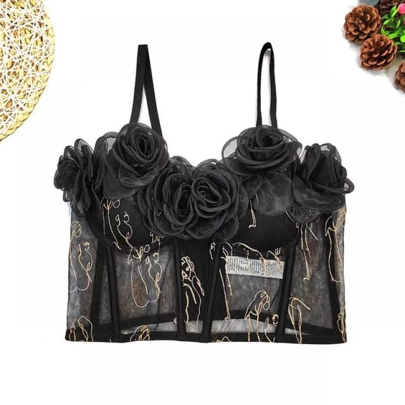 Fashion Tank Top Sweet Flowers Crop Top Mesh Embroidery Corset Women Elegant Party Bustier Streetwear Festive Clothing
