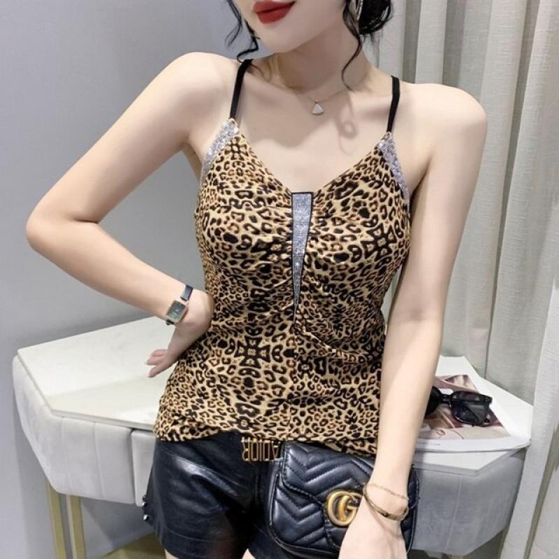 #5345 Leopard Black Crop Top Femme V-neck Diamonds Sexy Short Top Cropped Backless Tight Mesh Crop Tops Women Slim Summer