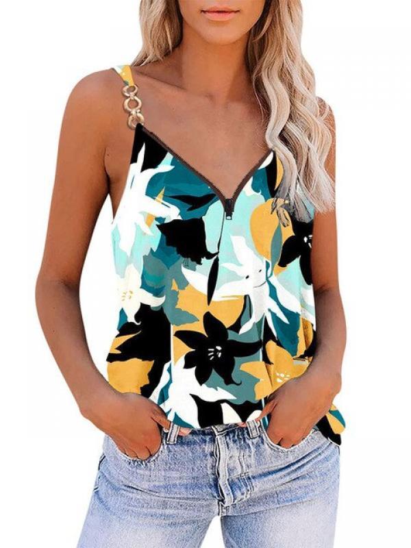 Summer New Fashion Bohemia Beachwear Women's Sleeveless Top Casual Zipper Printed Spaghetti Sexy Vest Tops Female Street Wear 