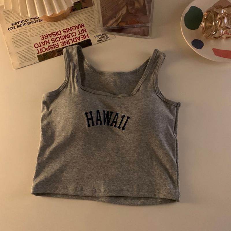 ITOOLIN Women Embroidery Letter Tank Tops With Bra Pad Knitting Slim Camis Y2K Crop Tops For Women Sports Tank Tops