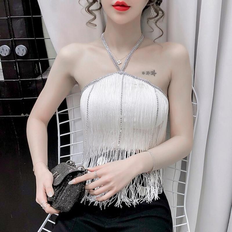 #5372 Black Black Short Halter Top Women Tassels Sexy Outerwear Tight Crop Top Diamonds Backless Basic Top Crochet Summer 2023