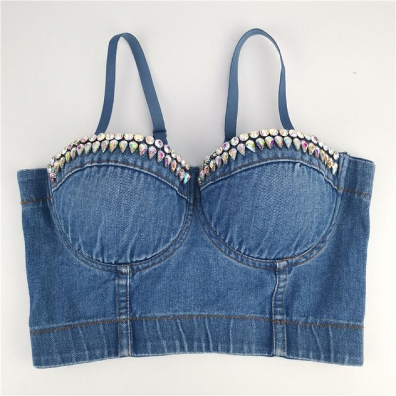 SXTHAENOO Fashion Sexy Denim Jeans Women's Button Bustier Bra Night Club Party Cropped Top Vest Plus Size