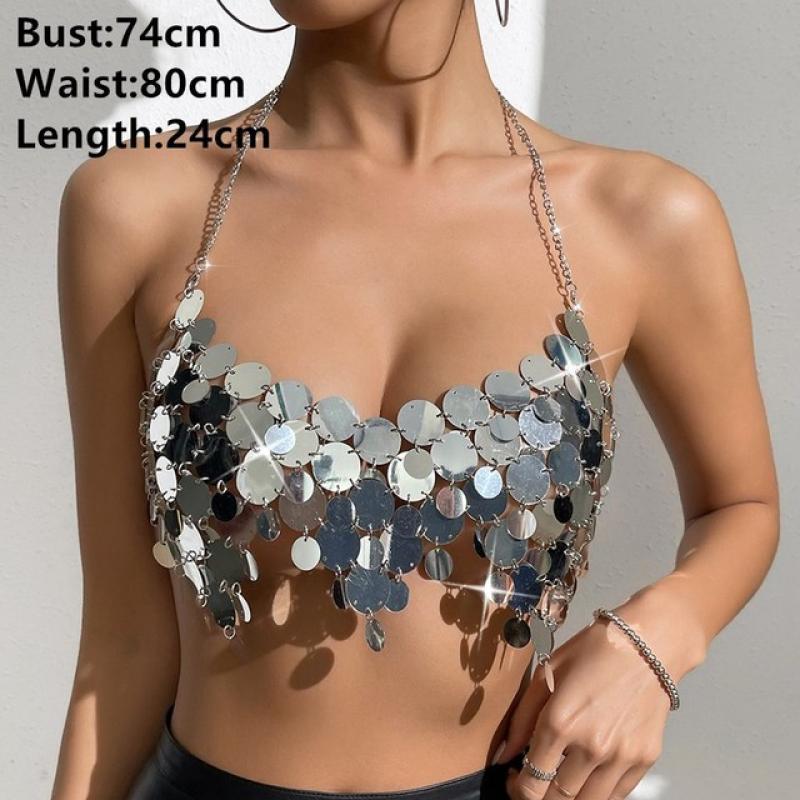 Fashionable Sequined Backless Crop Tank Tops for Women Sexy Sparkly Hollow Out Outfit Glitter Bra Tops Club Festival Beach Party