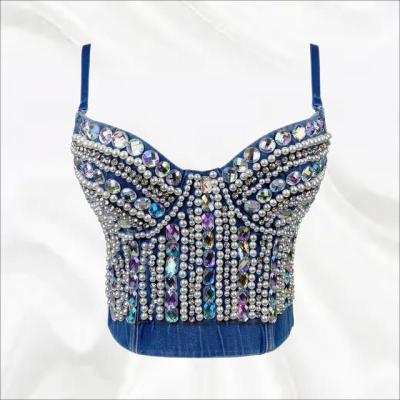 SXTHAENOO 2023 Women's Heavy Industry nailed beaded Diamond-Studded  Sexy Crop Top Fashion Denim Sling Top Vset топ женский