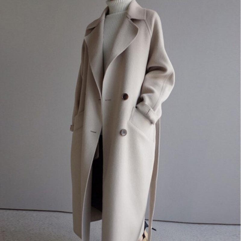 2021 Woman Winter Beige Black Elegant Wool Coat Women Korean Fashion Solid Long Sleeve Coats Vintage Minimalist Woolen Overcoat
