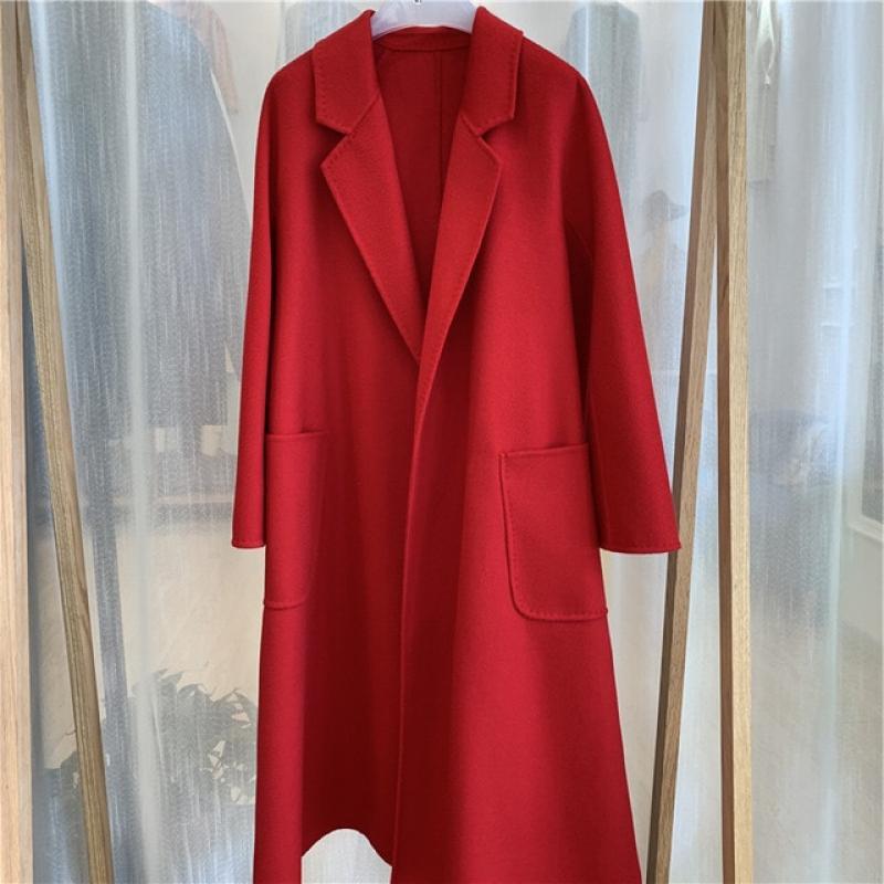 Korean Women Handmade Hepburn Corrugated Water Ripples Coat Double-sided Cashmere Wool Long Woolen Jacket Cashmere Coat Max