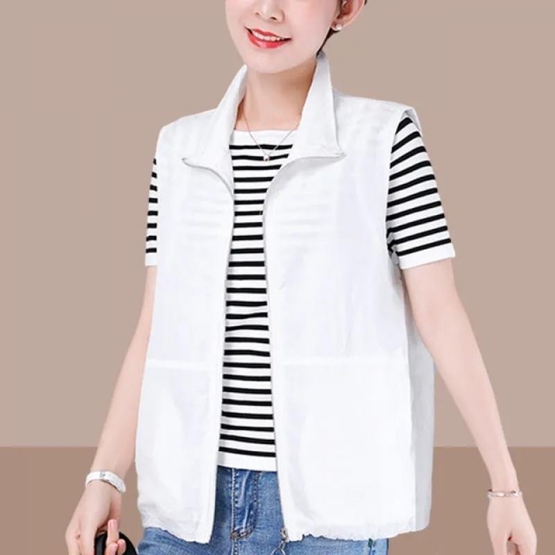 Spring Summer Thin White Vest Women Plus Size 4Xl Casual Basic Sleeveless Jacket Cardigan Basic Turndown Collar Zipper Waistcoat
