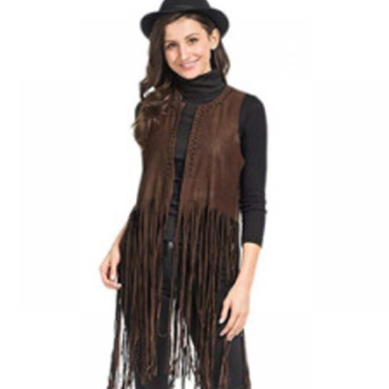 Western Cowboy Style Women's Suede Extra-Long Fringed Vest All-Match Folk-Custom Desert Beach Vacation Vest Shawl Size A2256