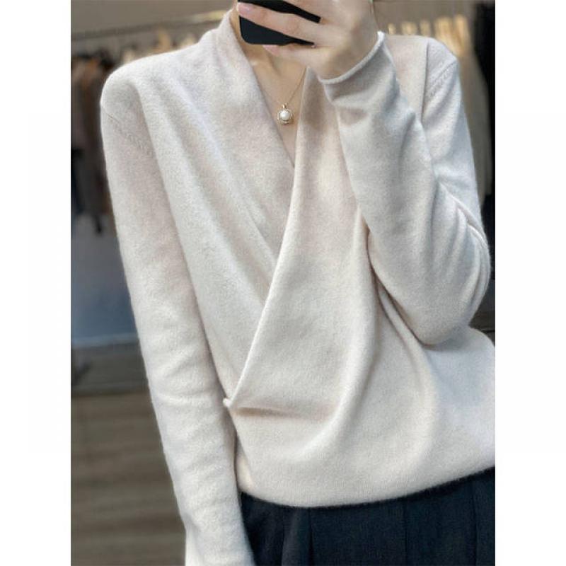 2022 Autumn Fashion Tops 100% Pure Wool Knitted Sweaters Women V-neck Long Sleeve Cashmere Knitwear Winter New Female Jumpers