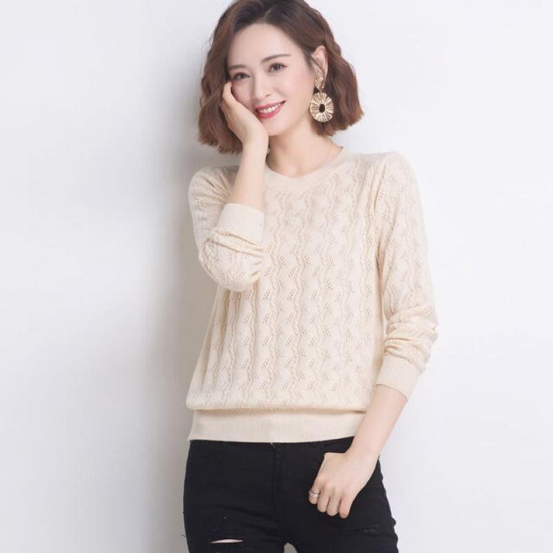 Women's Sweaters Pullovers Fashion Blue Full Sleeve Knitting Large Size Pullover Female Korean Solid O-neck Hollow Out Sweater