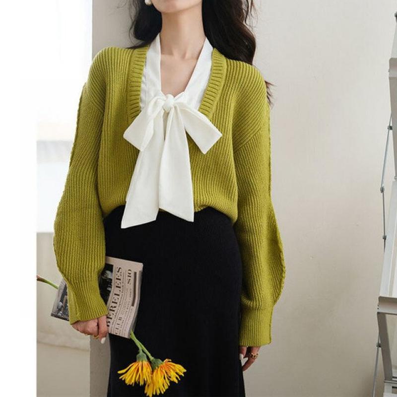 Fashion Elegant Women Solid Color V-Neck Lace Up Sweaters Autumn Winter Vintage Loose Spliced Knitted Jumpers Women's Clothing