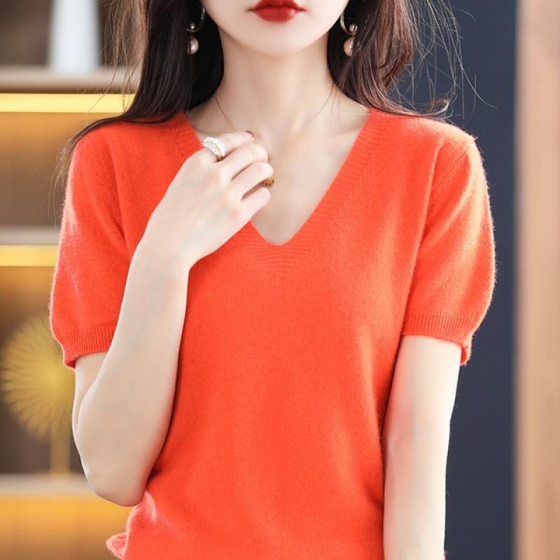 Spring Summer Women Sweater Knit Tshirts V-neck Short Sleeve Knitwears Korean Fashion Pullovers Solid Bottoming Shirt Jumper