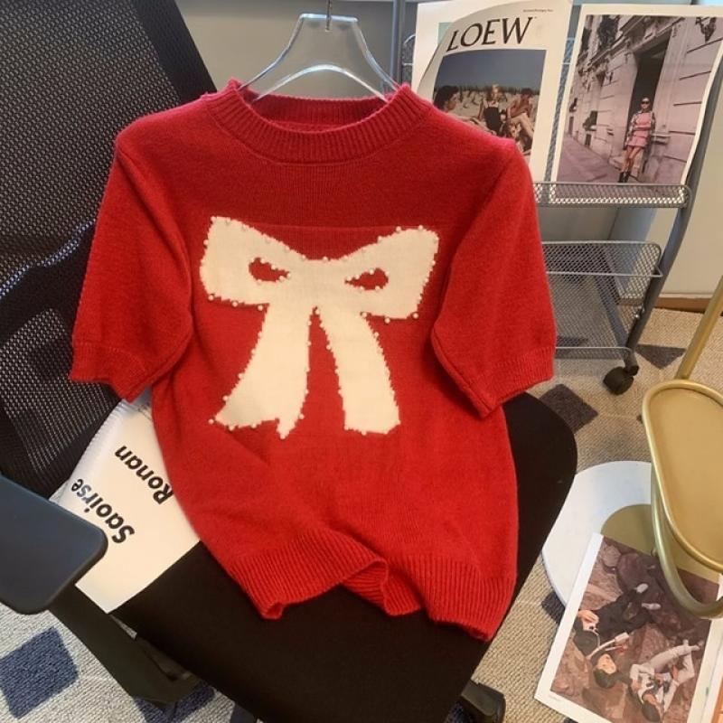 Summer Spring Beading Embroidery Bow Knitted Pullover Women Fashion Straight O-Neck Short Sleeve White Grey Ladies Sweater