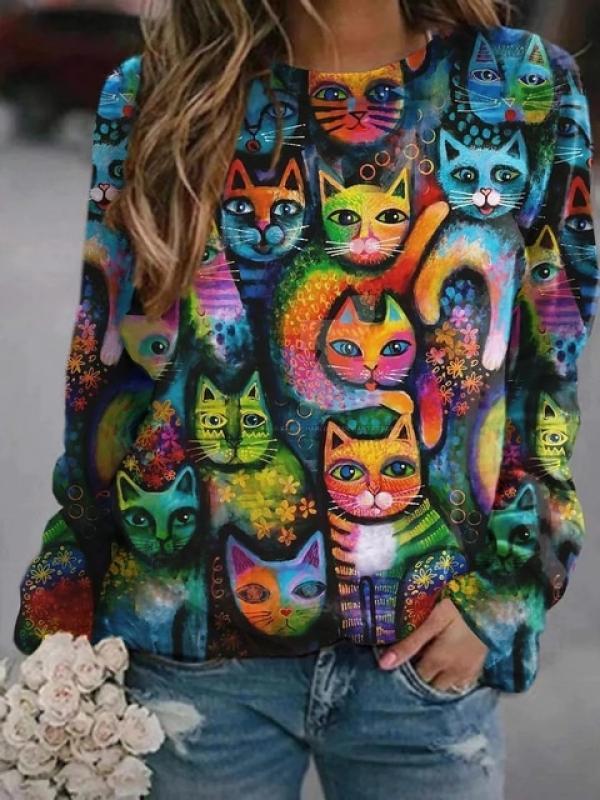 2022 New Winter Women's Vintage Tops Simple T-shirt Autumn Animal Printed Pullover Round Neck Loose Size Long Sleeves Sweater