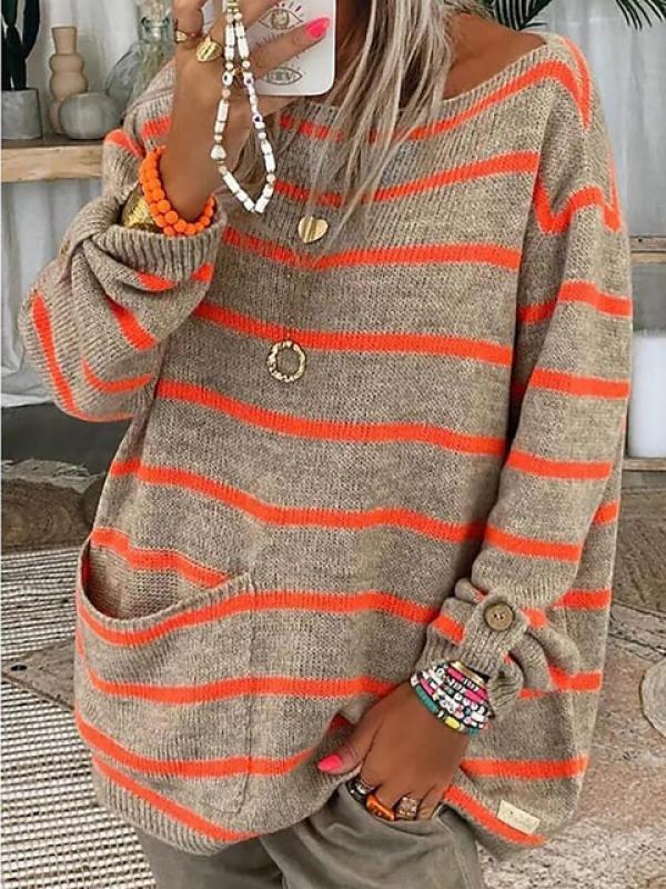 Women Vintage Striped Loose Sweater Casual Long Sleeve O Neck Lazy Wind Pullover Autumn Winter Knitting Top Streetwear Jumper
