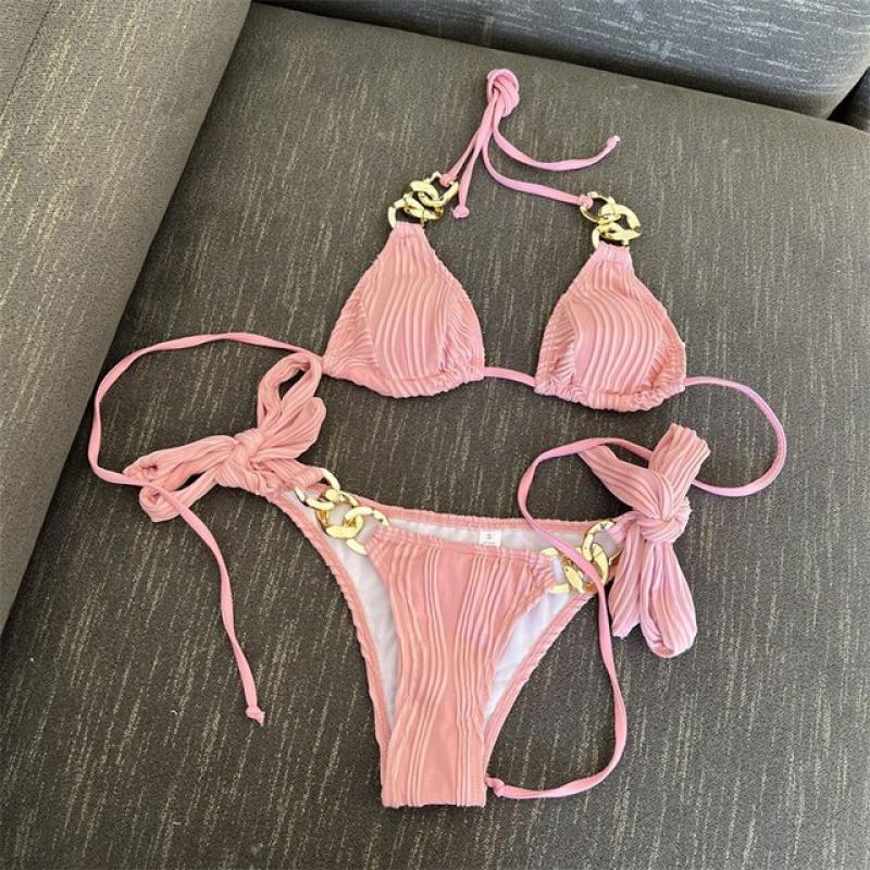 Sexy Low Waist Swimwear 2023 Bikinis Lace Swimming Suit For Women Chain Patchwork Brazilian Bikini Set Padded Push-up Bikini Set
