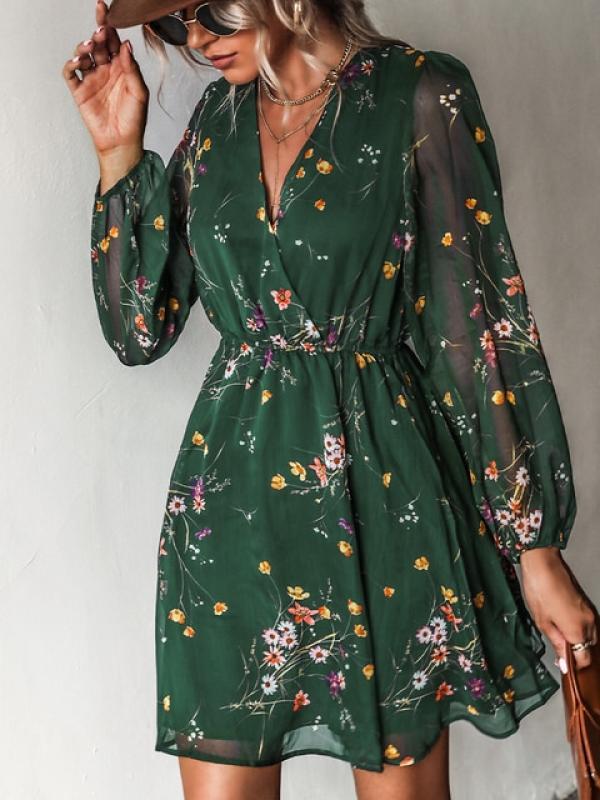 CUPSHE Chiffon V-neck Long Sleeve Mini Dress Woman Navy Floral Holiday Beach Tunic Short Cover Up 2023 Summer Dress Beachwear