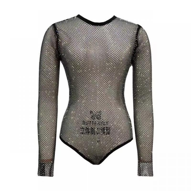 Women Summer Hollow Out Sexy Crystal Diamond Bodysuit Long Sleeves Fishnet Body Top Backless See Through Bodysuits