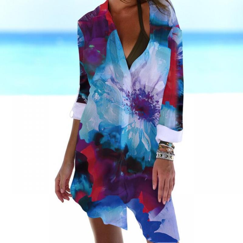 Summer New Sexy Women's 3D Printed Bohemian Frilly Pocket Shirt Hidden Button Long Sleeve V-neck Party Fashion Beach Sundress
