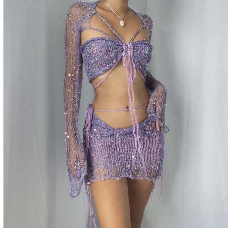 2023 New Crochet Sweater 2 Piece Set Women Hollow out Skinny Elastic Corset Top +Peach Hip Skirts Cover-ups Beach wear