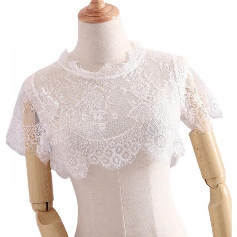 Women Lace Blouse Round Neck Short Fake Collar Women's Short Sleeve Bottomed Hollow Fake Collar Versatile