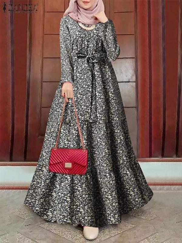 ZANZEA Bohemian Holiday Casual Robe Summer Women Elegant Muslim Dress Abaya Kaftan Floral Print O-Neck Long Sleeve Dresses