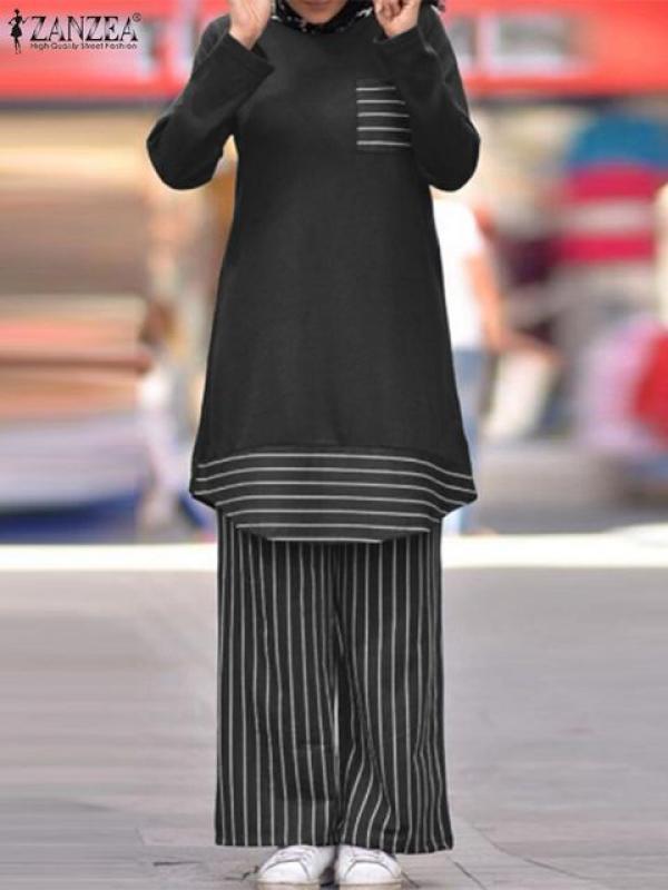 ZANZEA Muslim Fashion Suit Ramadan Abayas Tracksuit 2PCS Long Sleeve Blouse Loose Pants Stripe Printed Elegant Vinatge Outifits