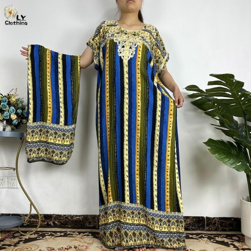 New Fashion African Abayas For Women Dubai Muslim embroid Crewneck Loose African Dresses For Women Kaftan Marocain Robe Dress
