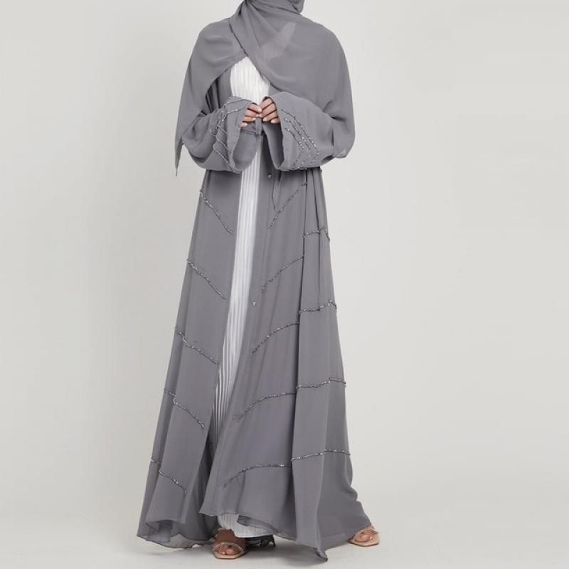 Beaded Open Abaya Dubai Turkey Spring Summer Party Solid Muslim Fashion Hijab Dress Belted Abayas for Women Kimono Islam Kaftan
