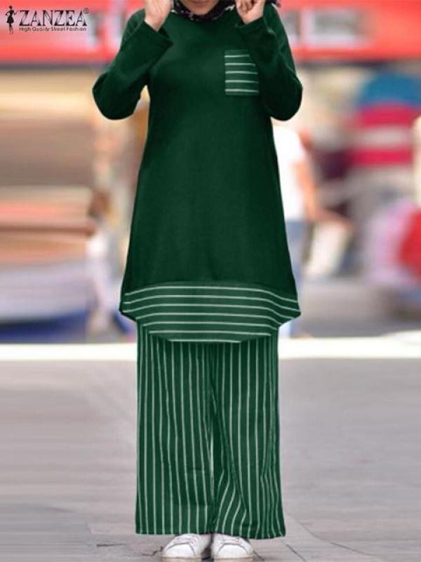 2023 ZANZEA Stripe Printed Vinatge Muslim Sets Ramadan Abayas for Women Long Sleeve Blouse Loose Pants Elegant Fashion Outifits
