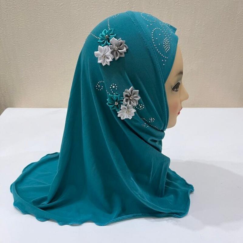 H059 Beautiful small girl amira hijab with flowers fit 2-6 years old kids pull on islamic scarf head wrap headscarf headbands