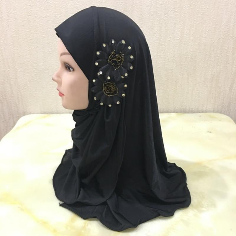 H081 beautiful small girl Al amira hijab with flowers fit 2-7 years old muslim kids pull on islamic scarf headscarf