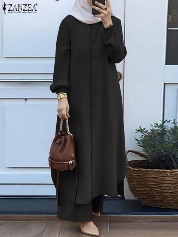 Muslim Women Tracksuits Turkey Abaya Set Elegant Long Shirt and Wide Leg Pants Suits ZANZEA Eid Abayas Outfits Isamic Clothing