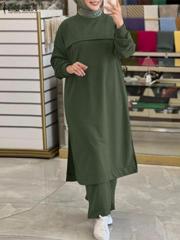 2PCS Fashion Muslim Sets ZANZEA Eid Mubarek Women Trousers Suits Casual Long Sleeve Blouse Pants Sets Abaya Islamic Clothing