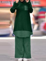 Muslim Women Outfits Turkish Blouse Set Causal Wide Leg Pants Suits ZANZEA Retro Stripe Female Matching Sets Isamic Clothing