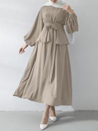 Fashion Muslim Sets Women Spring Autumn Puff Sleeve Slim Blouses + High Waist A-line Skirts 2023 New Female Two Piece Suit