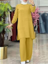 ZANZEA Muslim Sets Two Piece Autumn Sets Elegant Full  Sleeve Blouse Wide Leg Pants Dubai Abaya Turkey Kaftan Women Matching Set