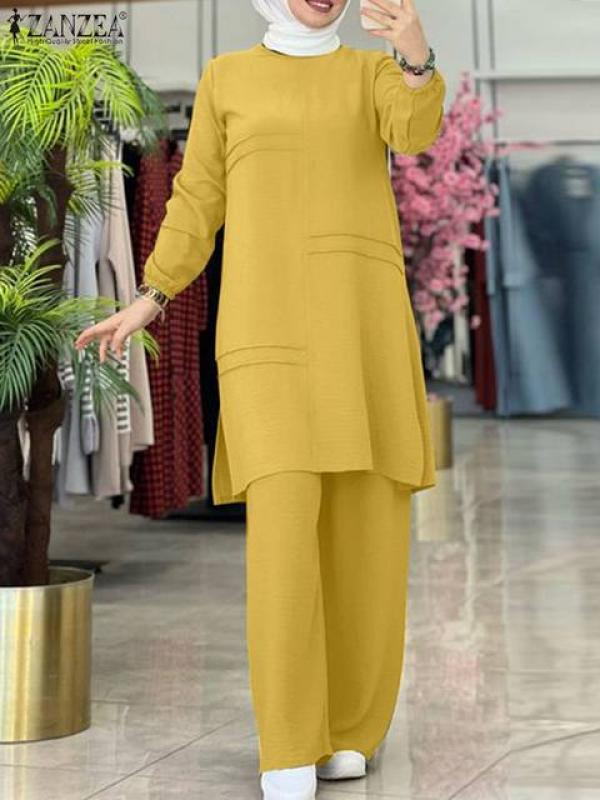 ZANZEA Muslim Sets Two Piece Autumn Sets Elegant Full  Sleeve Blouse Wide Leg Pants Dubai Abaya Turkey Kaftan Women Matching Set
