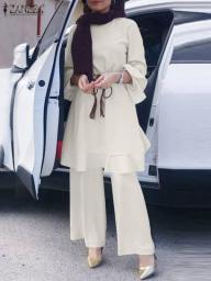 ZANZEA Lace-Up Solid Muslim Sets Abaya Kaftan Women O-Neck Flare Sleeve Buttons Blouse And Wide Leg Pants Elegant Vintage Suit